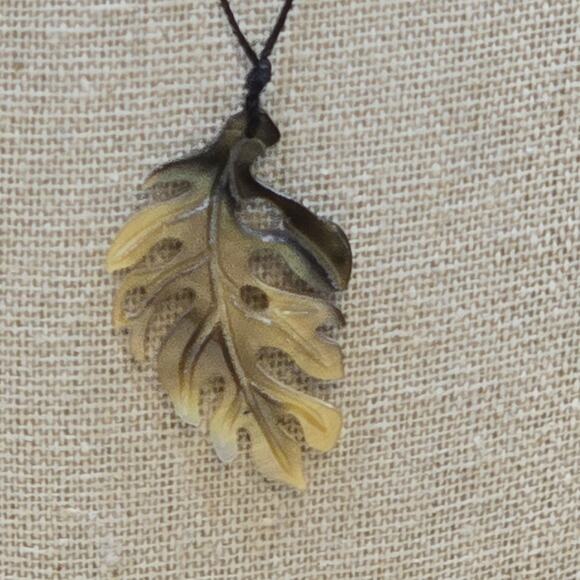 Carved Oyster Shell Hawaiian Monstera Pendant Delicate 17" Cord Necklace - Picture 5 of 11